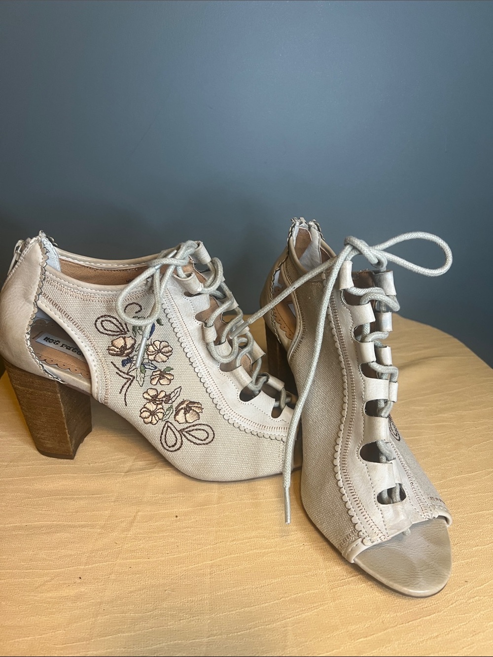 Not Rated Beige Lace-Up Peep-Toe Heels with Floral Embroidery* see call outs*